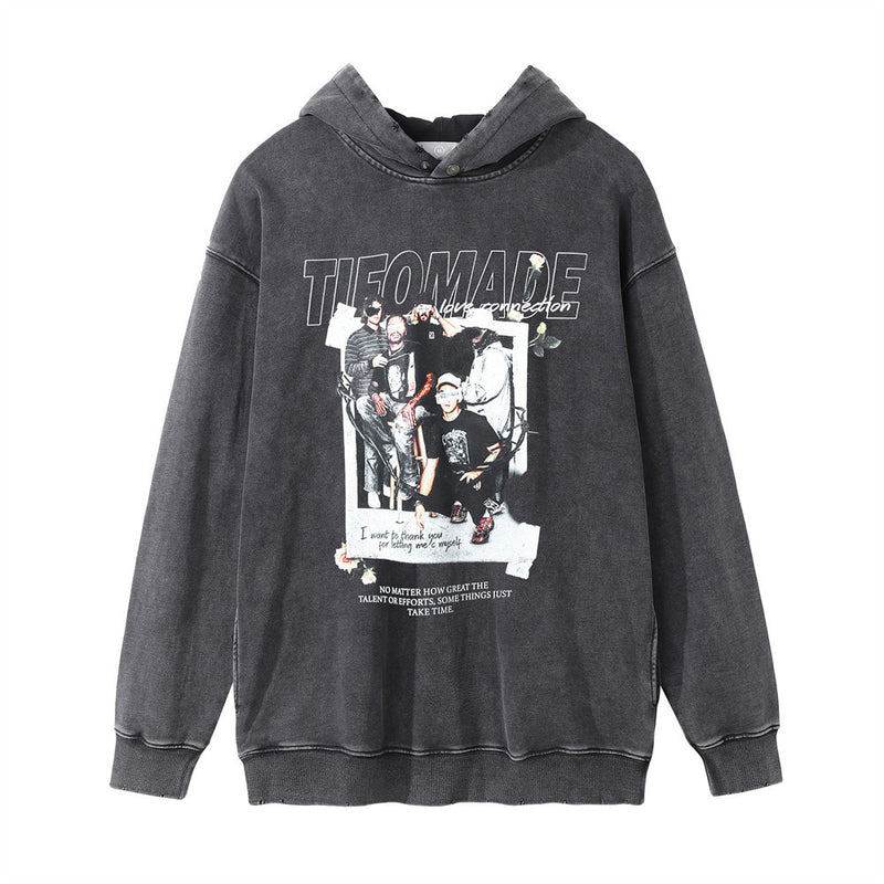 Men Hoodie Printed Washed Distressed Hooded Sweater Men's Hip Hop Loose Pullover