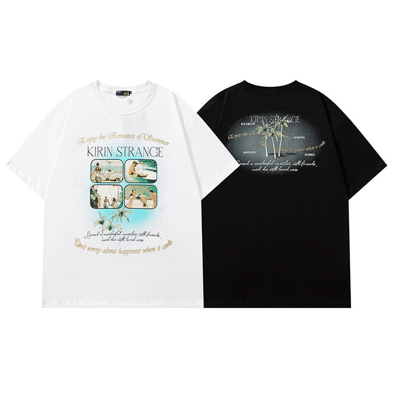 Men T Shirt Hip Hop Vintage Print Short Sleeves T-shirt Men and Women Casual