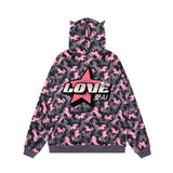 Men Hoodie Animal Horse Printed Sweater Five-Pointed Star Embroidered Cat Ears Hooded Top
