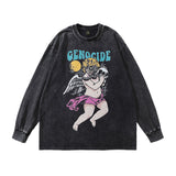 Men Long Sleeve Shirt Cartoon Printed Washed and Worn Long Sleeve T-shirt for Men and Women