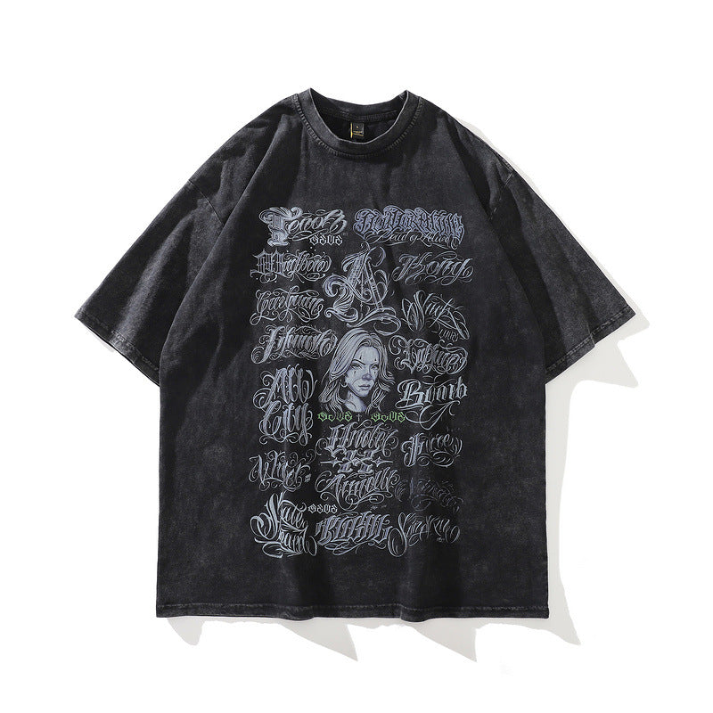 Men T Shirt T Yabi Style Dark Print Worn Looking Washed-out Short Sleeve T-shirt for Men and Women