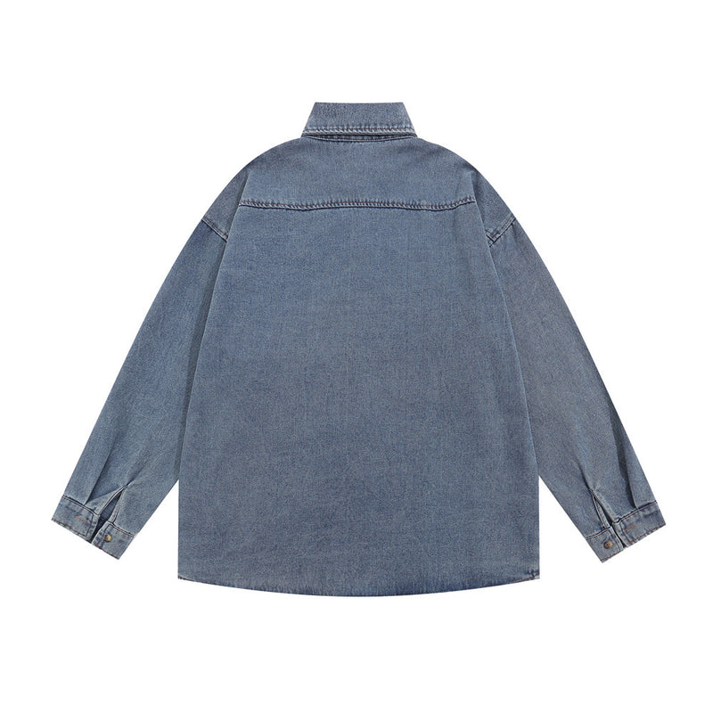 Men Long Sleeved T Shirt Embroidery Denim Shirt Jacket Men's Spring and Autumn Lapel Shirt Ins Loose Casual