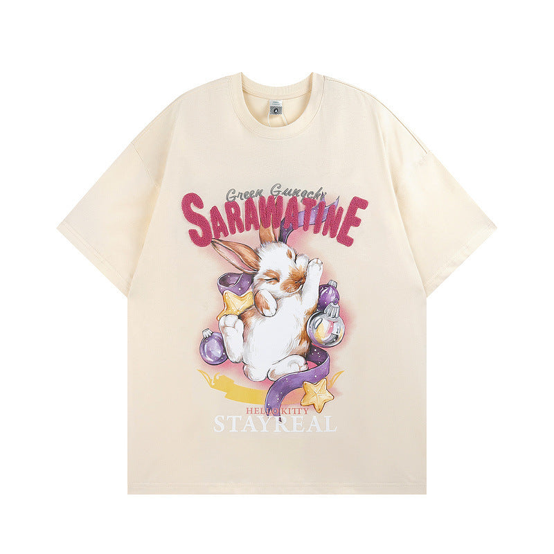 Men T Shirt Sweet Cool Bunny Print Couple Short Sleeve T-shirt Men and Women Retro