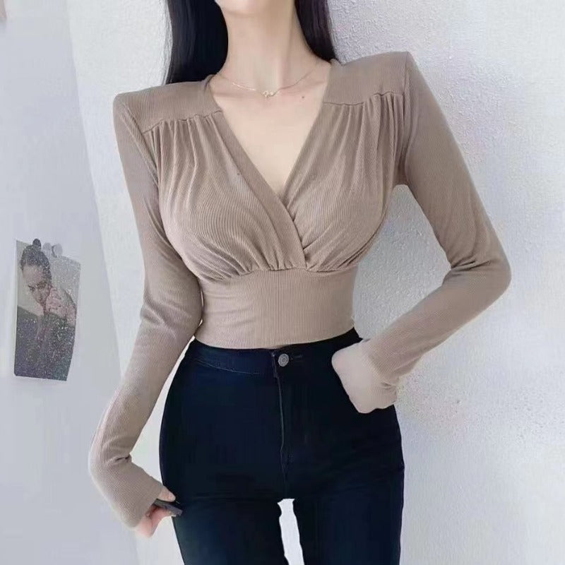 Women Long Sleeve Shirt V-neck Long Sleeve Bottoming Shirt Slim Fit Slimming Waist Trimming Short