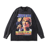 Men Long Sleeve Shirt Hiphop Bibo Printed Washed Long Sleeve T-shirt for Men and Women