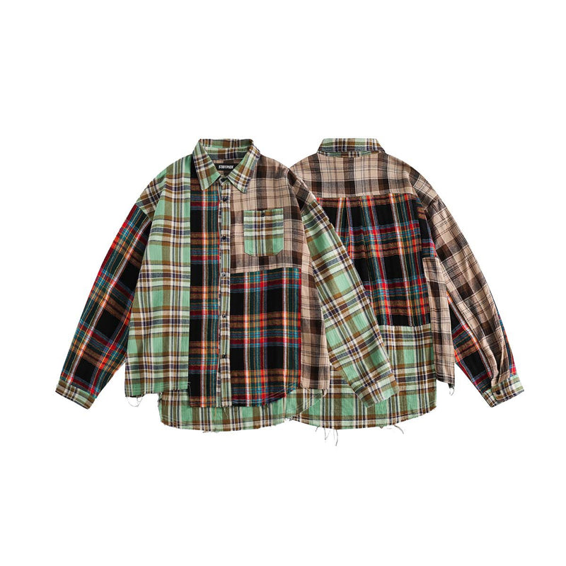 Unisex Jacket Autumn Color Contrast Patchwork Plaid Shirt Women's Clothing