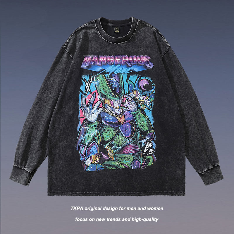 Men Long Sleeve Shirt Cartoon Distressed Long Sleeve T-shirt Men and Women Oversize Casual Couple