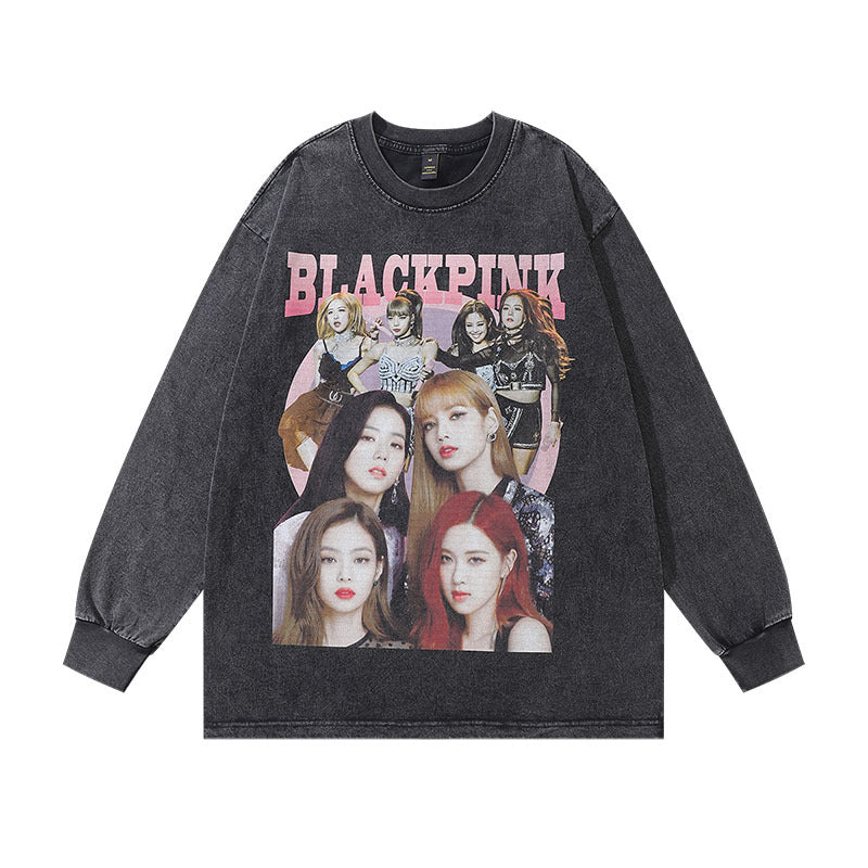 Men Long Sleeve Shirt Printing Wash Bottoming Long Sleeve T-shirt Men and Women Hiphop Street