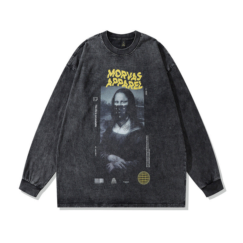 Men Long Sleeve Shirt Vintage Printed Distressed Long Sleeve T-shirt Men's Top