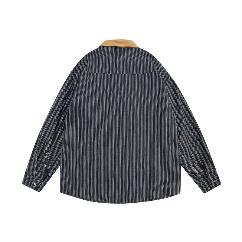 Men Long Sleeved T Shirt Embroidered Long Sleeve Shirt Men's Spring and Autumn Vertical Stripes Contrast Color Shirt Coat Vintage