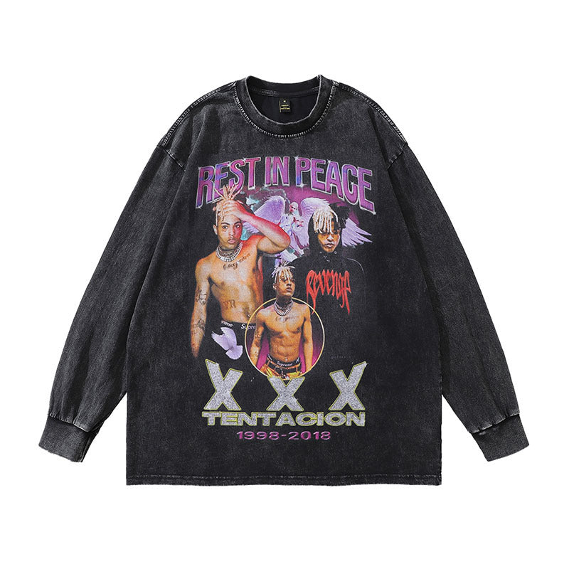 Men Long Sleeve Shirt Vintage Worn Looking Washed-out Long Sleeve Bottoming T-shirt Men and Women Idle Style Hip Hop