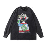 Men Long Sleeve Shirt Cartoon Printed Long-Sleeved T-shirt Men and Women Idle Style Vintage Distressed