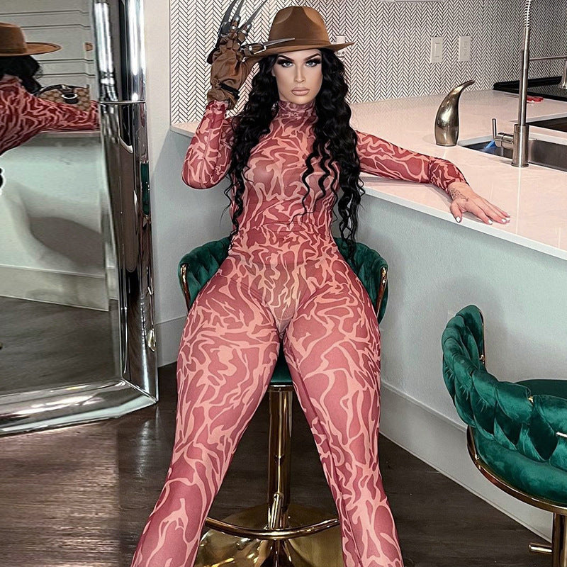 Women Jumpsuit Winter Fashion Printing Long Sleeve Jumpsuit