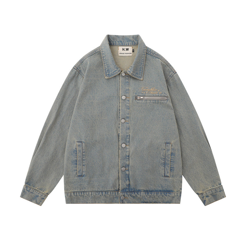 Men Denim Jacket Letter Patterned Denim Jacket Men's Autumn and Winter Clothing Loose All-Matching Washed and Worn