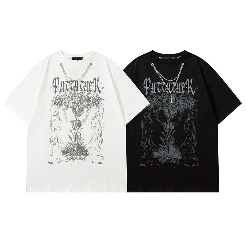 Men T Shirt Hip Hop Necklace Dark Short-Sleeved T-shirt Men and Women Loose Couple