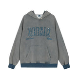 Men Hoodie Washed and Worn Embroidered Letter Hooded Sweater