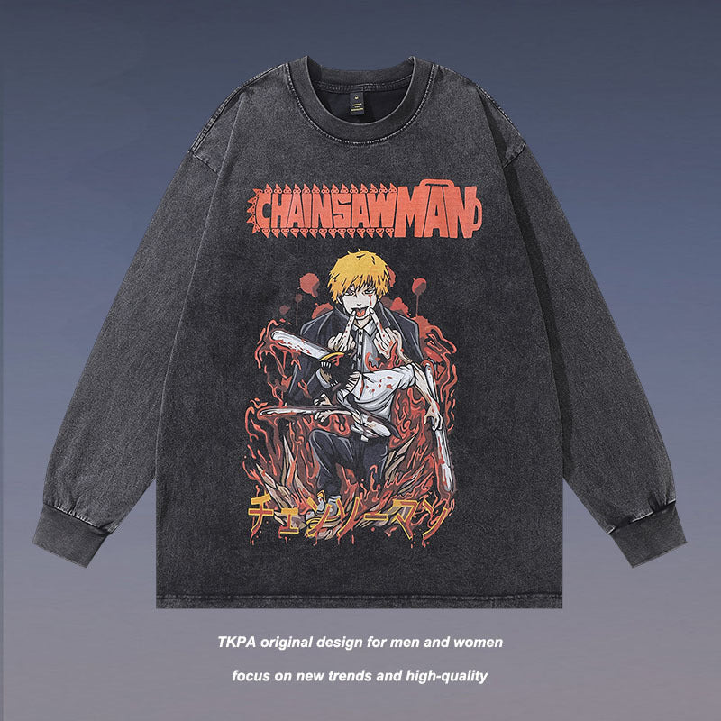 Men Long Sleeve Shirt Cartoon Printed Long-Sleeved Bottoming T-shirt Men and Women Washed Old