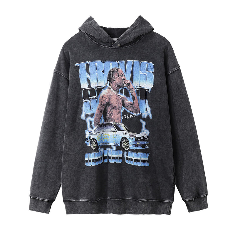Men Hoodie Printed Hoodie Men's Loose Hole Washed and Worn Hoodie