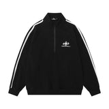 Men Hoodie Zipped Stand Collar Sweater Spring and Autumn Loose Raglan Long Sleeve Striped Stitching Sports Turtleneck Pullover