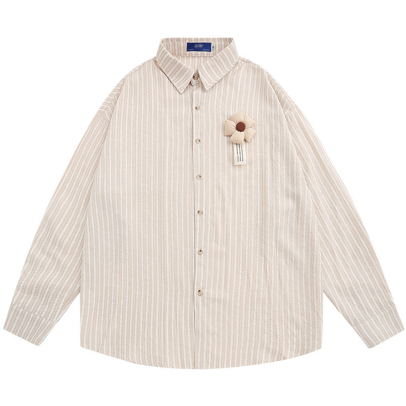 Men Long Sleeved T Shirt Flower Vertical Striped Long Sleeve Shirt Men's Spring and Autumn Loose Shirt Casual