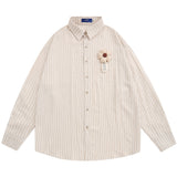 Men Long Sleeved T Shirt Flower Vertical Striped Long Sleeve Shirt Men's Spring and Autumn Loose Shirt Casual