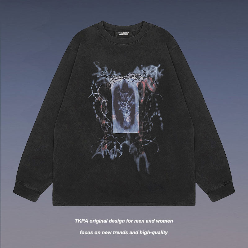 Men Long Sleeve Shirt Graffiti Printing Casual Couple's Tops Washed Long Sleeve T-shirt for Men and Women