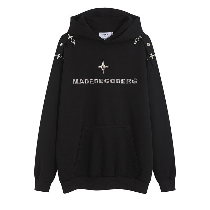 Men Hoodie Hooded Sweater Men's Personalized Letter Metal Decoration