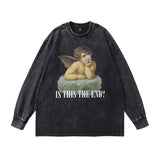 Men Long Sleeve Shirt Cartoon Printed Distressed Long Sleeve T-shirt Men and Women Retro