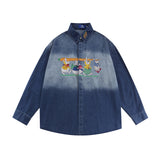 Men Long Sleeved T Shirt Denim Shirt Men Cartoon Embroidery Rabbit Long Sleeve Shirt Coat