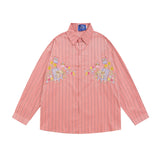 Men Long Sleeved T Shirt Cartoon Vertical Striped Long Sleeve Shirt Boys Casual Loose Lapels Shirt Ins Spring and Autumn