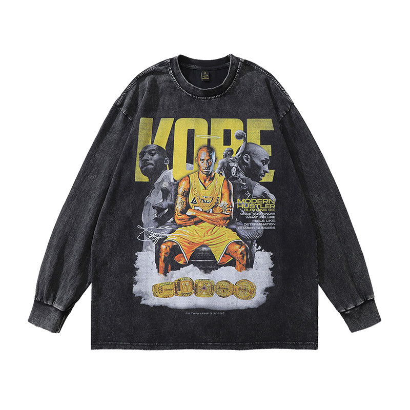 Men Long Sleeve Shirt Vintage Portrait Washed Long Sleeve T-shirt Men and Women Distressed