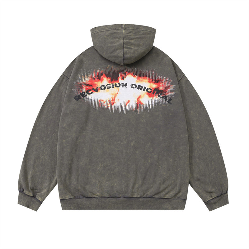 Men Hoodie Flame Printed Hoodie Washed Old and Dirty Loose Top