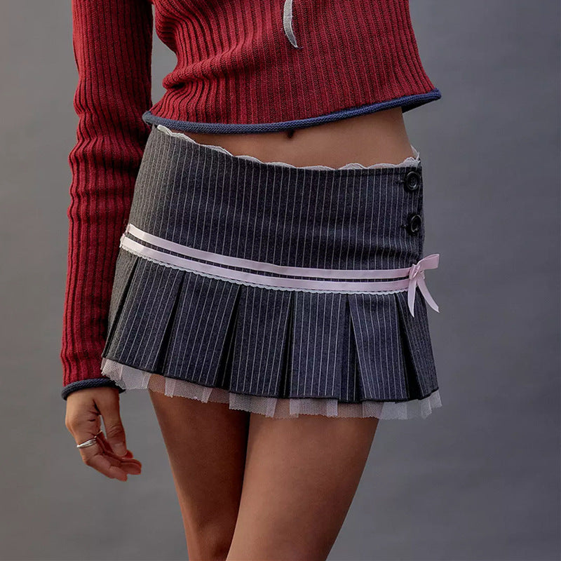 Women Skirt Pleated Skirt Striped Low Waist Skirt