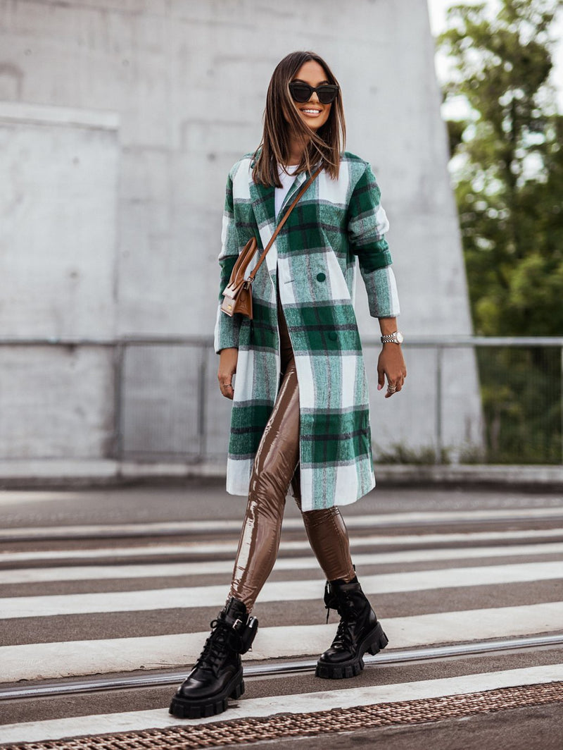 Plaid Trench Coat Fall Winter Fashion Brushed Mid-Length Plaid Wool Coat Women