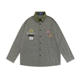 Men Long Sleeved T Shirt Vintage Plaid Long Sleeve Shirt Ins Bear Embroidery Pocket Casual Shirt