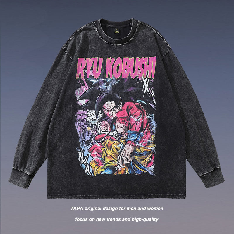 Men Long Sleeve Shirt Cartoon Distressed Long Sleeve T-shirt Men and Women Oversize Casual Couple's Tops