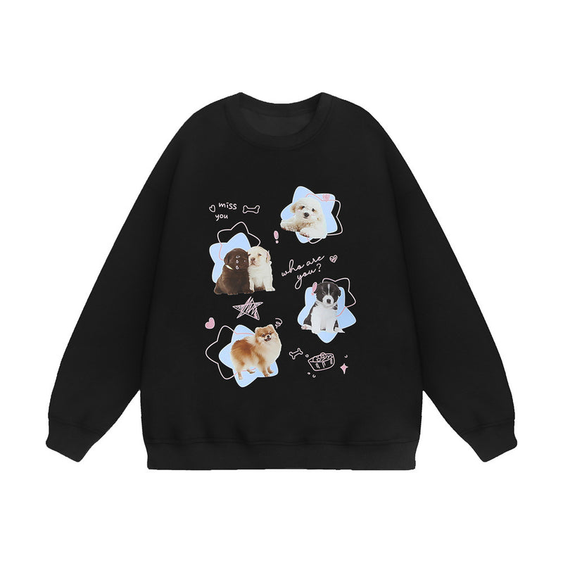 Men Hoodie Puppy Printed Crew Neck Sweatshirt Men