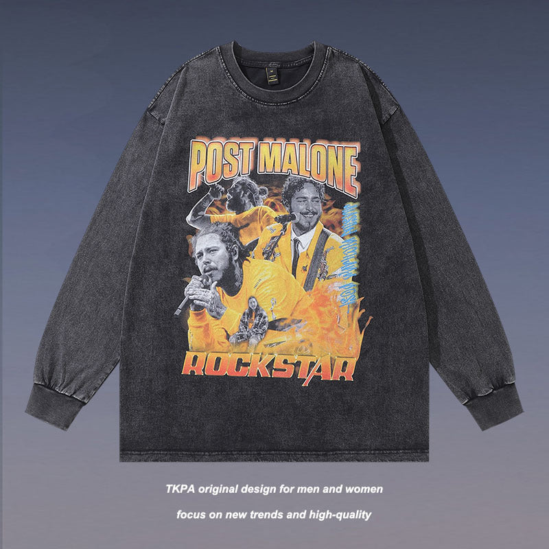 Men Long Sleeve Shirt Rapper Portrait Printing Washed and Worn Long Sleeve Bottoming T-shirt Men and Women