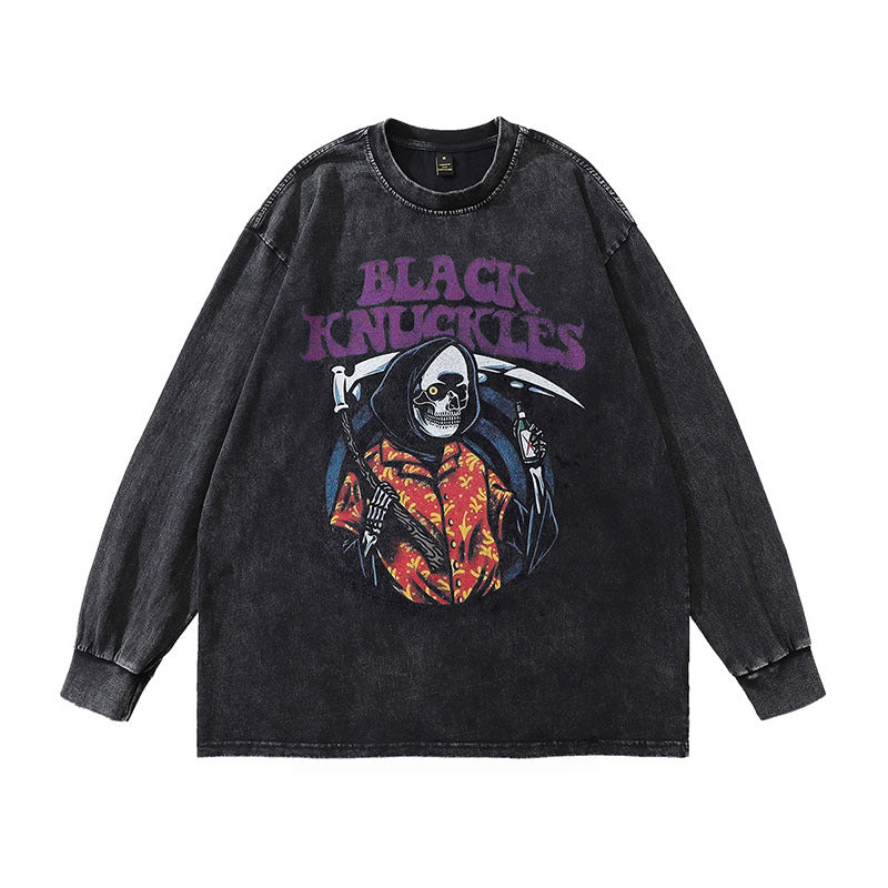 Men Long Sleeve Shirt Devil Print Long Sleeve T-shirt Men's and Women's Hiphop Distressed Top