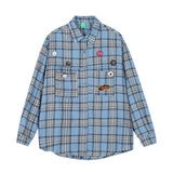 Men Long Sleeved T Shirt Badge Plaid Long Sleeve Shirt Outer Wear Men's Vintage Loose Spring and Autumn