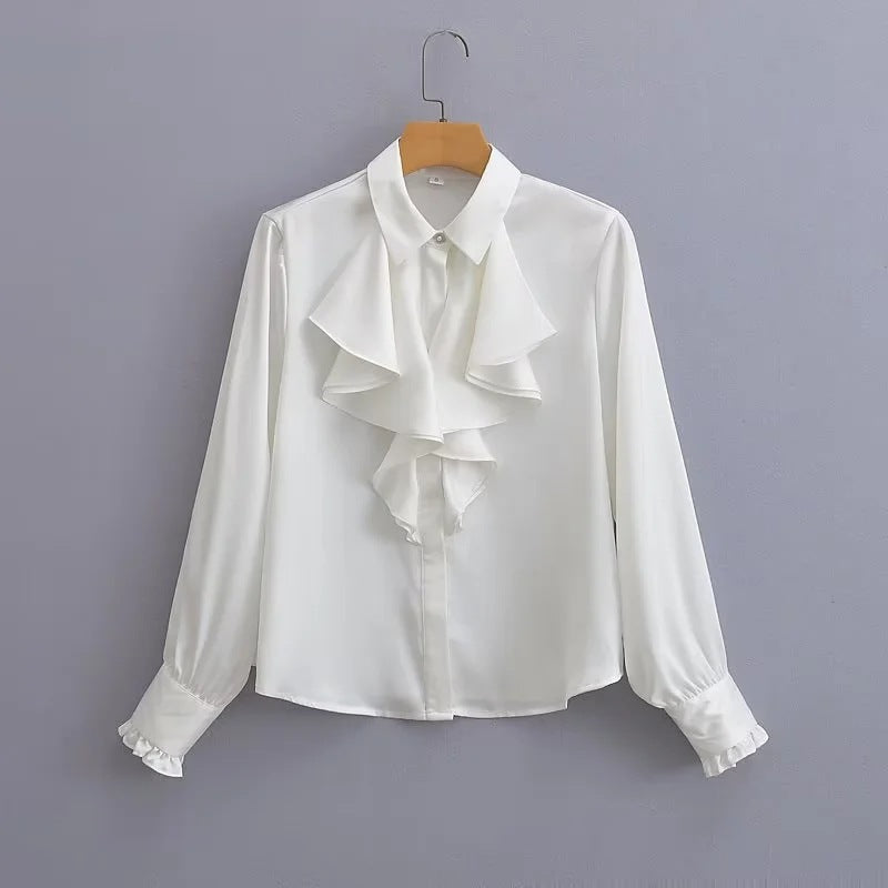Women T-Shirt Shirt Women's Spring Single-Breasted Petal Long Sleeve Lapel Shirt