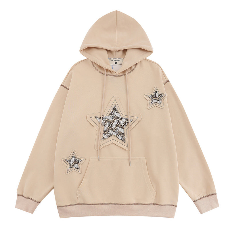 Men Hoodie Five-Pointed Star Patch Embroidered Hoodie