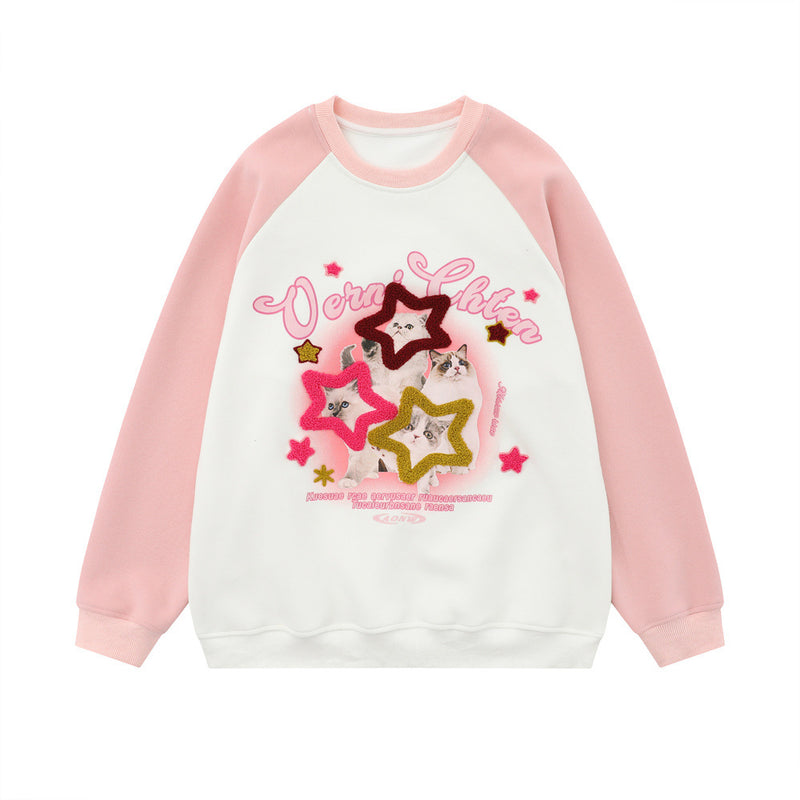 Men Hoodie Five-Pointed Star Flocking Embroidered Crew Neck Sweatshirt