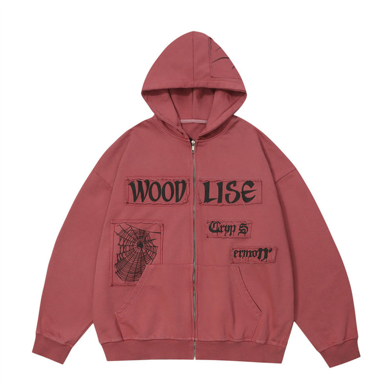 Men Hoodie Spider Web Patch Printed Hooded Jacket Men Vintage Loose Cardigan Sweater