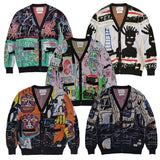 Graffiti Bomber Jacket Pure Cotton Yarn V-neck Knitted Cardigan