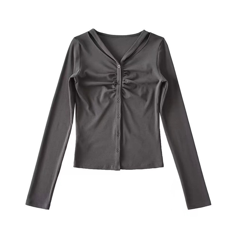 Women T-Shirt Top Women Fall Slim Fit Single-Breasted Long Sleeve