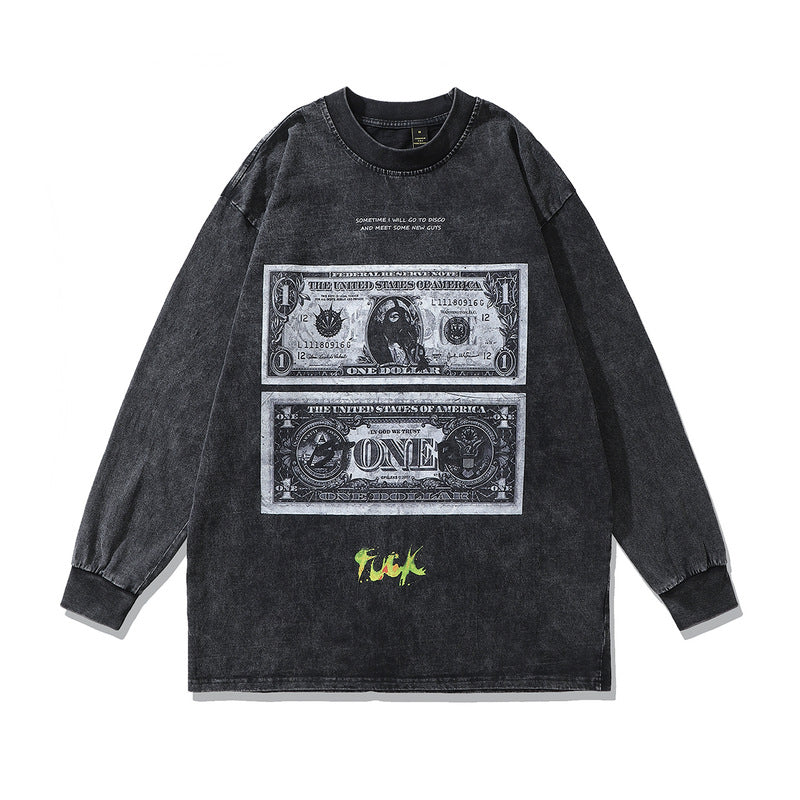 Men Long Sleeve Shirt Retro Hip Hop Washed Distressed round Neck Long Sleeve T-shirt for Men and Women