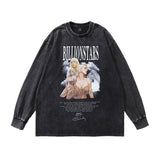 Men Long Sleeve Shirt Portrait Washed Distressed Long Sleeve Bottoming T-shirt Men and Women Oversize