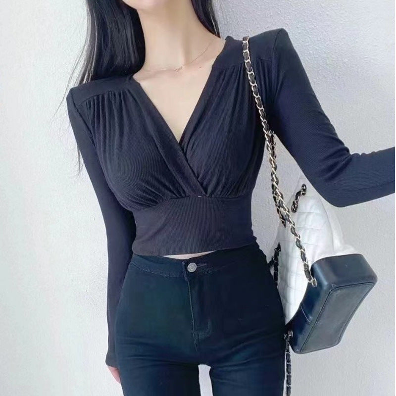 Women Long Sleeve Shirt V-neck Long Sleeve Bottoming Shirt Slim Fit Slimming Waist Trimming Short