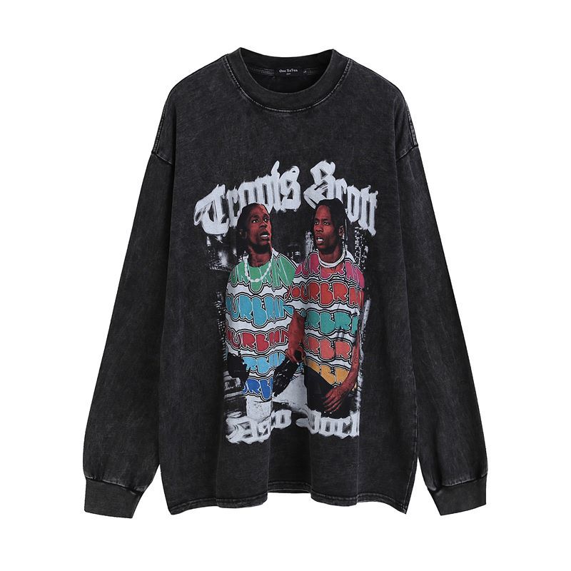 Men Long Sleeve Shirt Character Retro Distressed Long Sleeve Bottoming T-shirt Men and Women Vintage